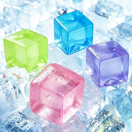 Squishy Cube Sensory Toys in green, blue, pink, and purple on ice